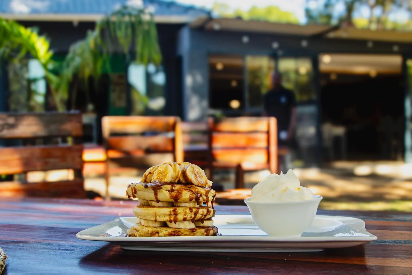 Waffles with banana and ice cream